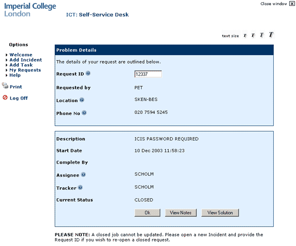 Imperial College Service Desk - View Problem Imperial College Service Desk - View Problem