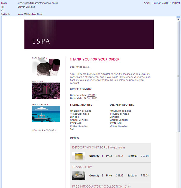 ESPA Order Email ESPA Order Email